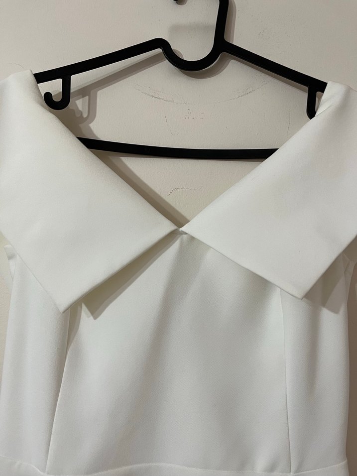 Beyaz V Yaka Midi Elbise - Görsel 5