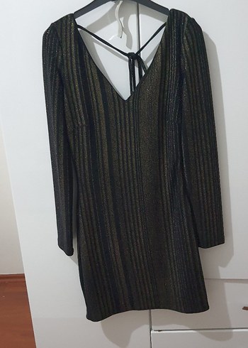 Zara V Yaka Midi Siyah sim Çizgili Elbise