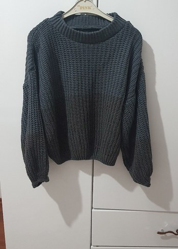 Gri Oversize Örgü kısa Kazak
