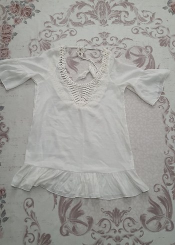 Dantel Detaylı Beyaz V Yaka Mini plaj elbisesi kaftan - Görsel 5