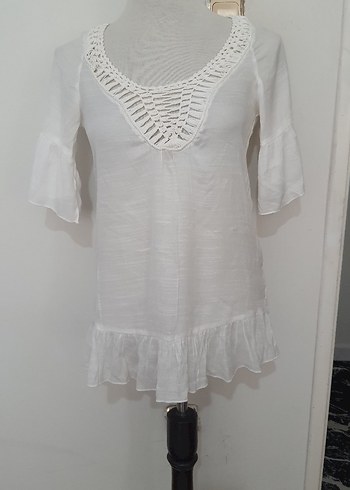 Dantel Detaylı Beyaz V Yaka Mini plaj elbisesi kaftan - Görsel 3