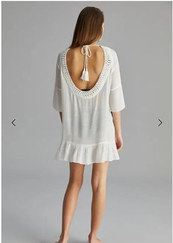 Dantel Detaylı Beyaz V Yaka Mini plaj elbisesi kaftan - Görsel 2