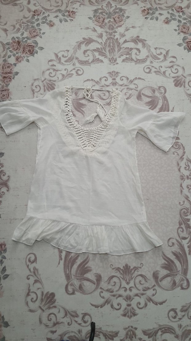 Dantel Detaylı Beyaz V Yaka Mini plaj elbisesi kaftan - Görsel 5