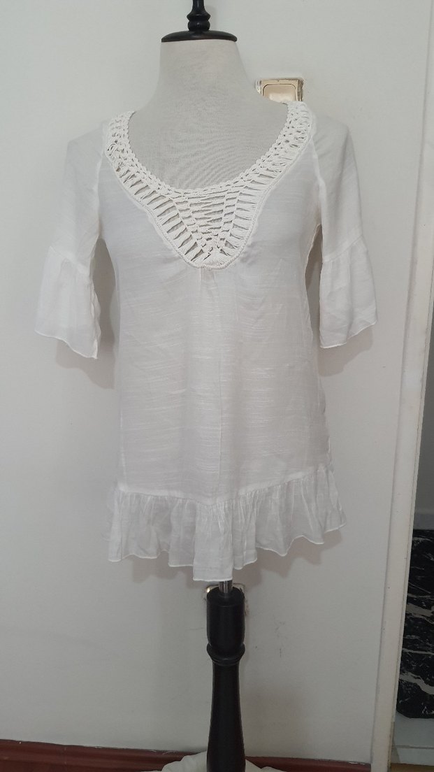 Dantel Detaylı Beyaz V Yaka Mini plaj elbisesi kaftan - Görsel 3