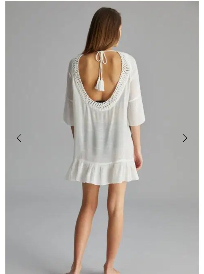 Dantel Detaylı Beyaz V Yaka Mini plaj elbisesi kaftan - Görsel 2