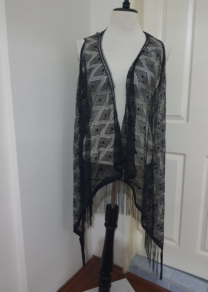Siyah Bohem Tarzı Püsküllü Kadın Yelek pareo - Görsel 2