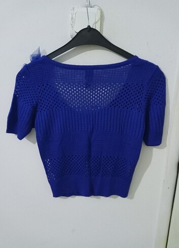 Zara Mini yazlık fileli triko ajurlu örgü desen hırka saks mavisi