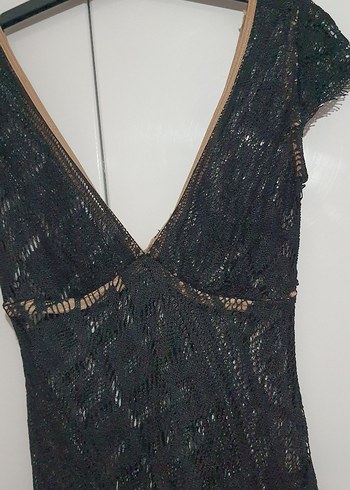 Dantel Detaylı Siyah V Yaka Uzun elbise pareo - Görsel 5