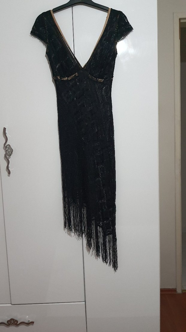 Dantel Detaylı Siyah V Yaka Uzun elbise pareo - Görsel 4