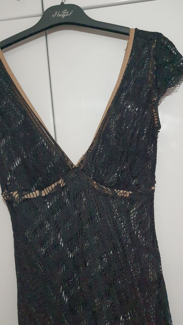 Dantel Detaylı Siyah V Yaka Uzun elbise pareo - Görsel 5