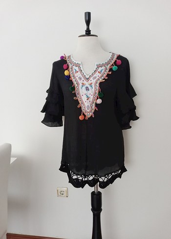 Ponpon Detaylı   dantel işlemeli  Mini plaj elbisesi Elbise - Görsel 2