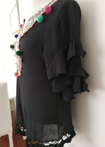 Ponpon Detaylı   dantel işlemeli  Mini plaj elbisesi Elbise - Görsel 3