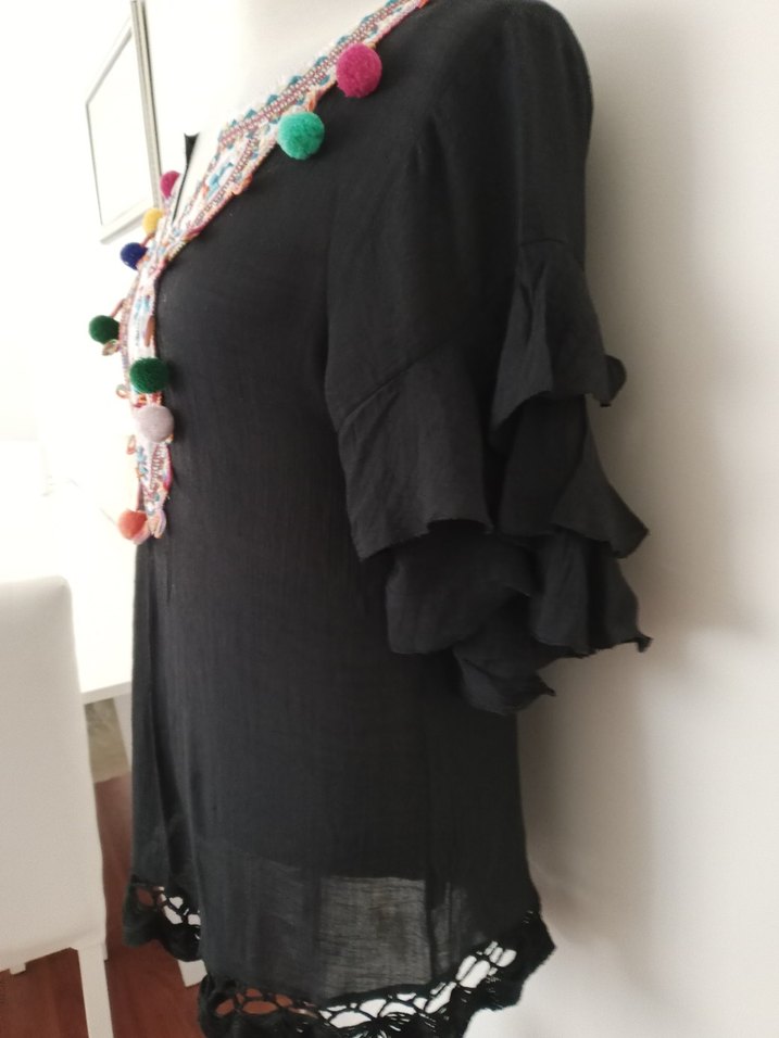 Ponpon Detaylı   dantel işlemeli  Mini plaj elbisesi Elbise - Görsel 3