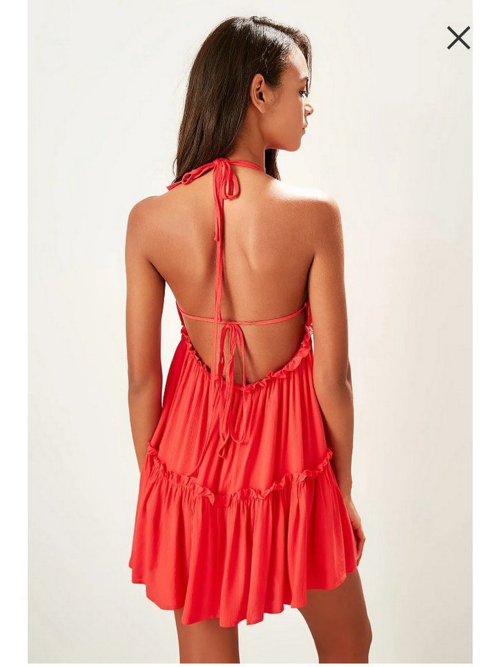 ı V yaka sırt dekolteli  Fırfırlı Mini plaj elbisesi Elbise - Görsel 2