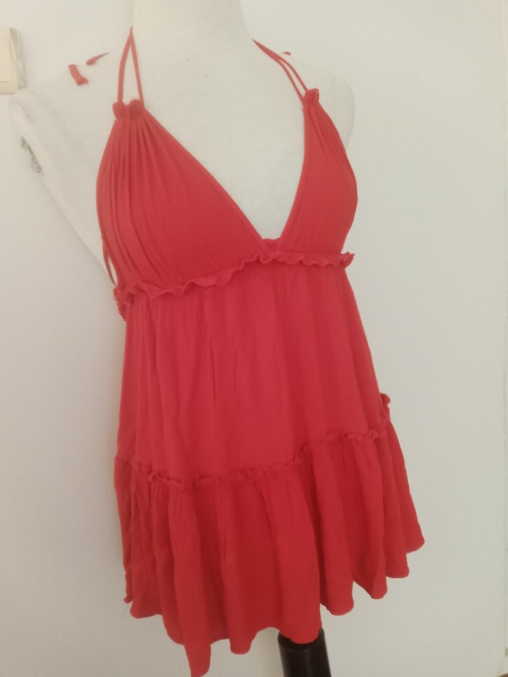 ı V yaka sırt dekolteli  Fırfırlı Mini plaj elbisesi Elbise - Görsel 3