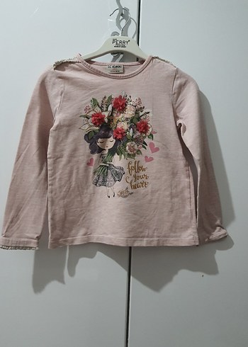 Kız Çocuk Pembe Uzun Kollu Baskılı Triko Tişört - Görsel 2