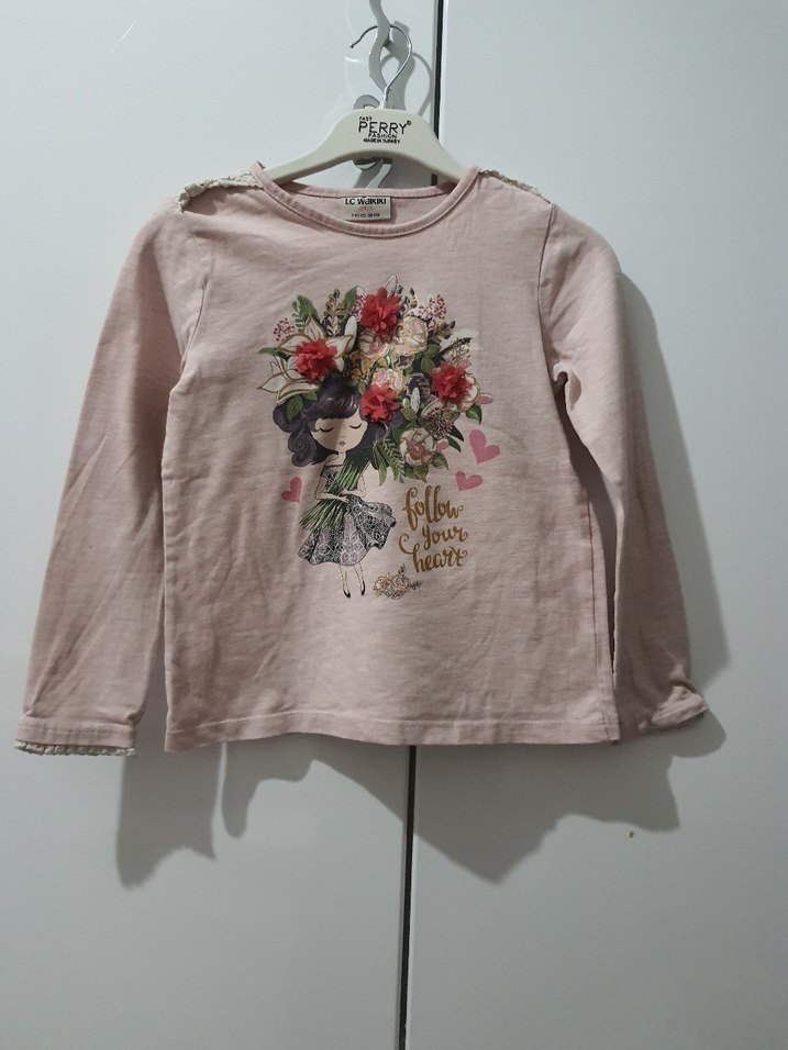 Kız Çocuk Pembe Uzun Kollu Baskılı Triko Tişört - Görsel 2