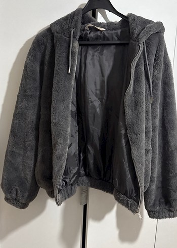 Gri Peluş Kapüşonlu Kadın Ceket - Görsel 3