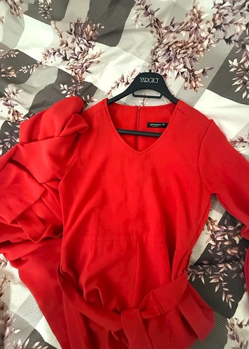 Kırmızı Drapeli Uzun Kollu Uzun Tulum Elbise - Görsel 4