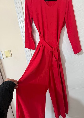 Kırmızı Drapeli Uzun Kollu Uzun Tulum Elbise - Görsel 2
