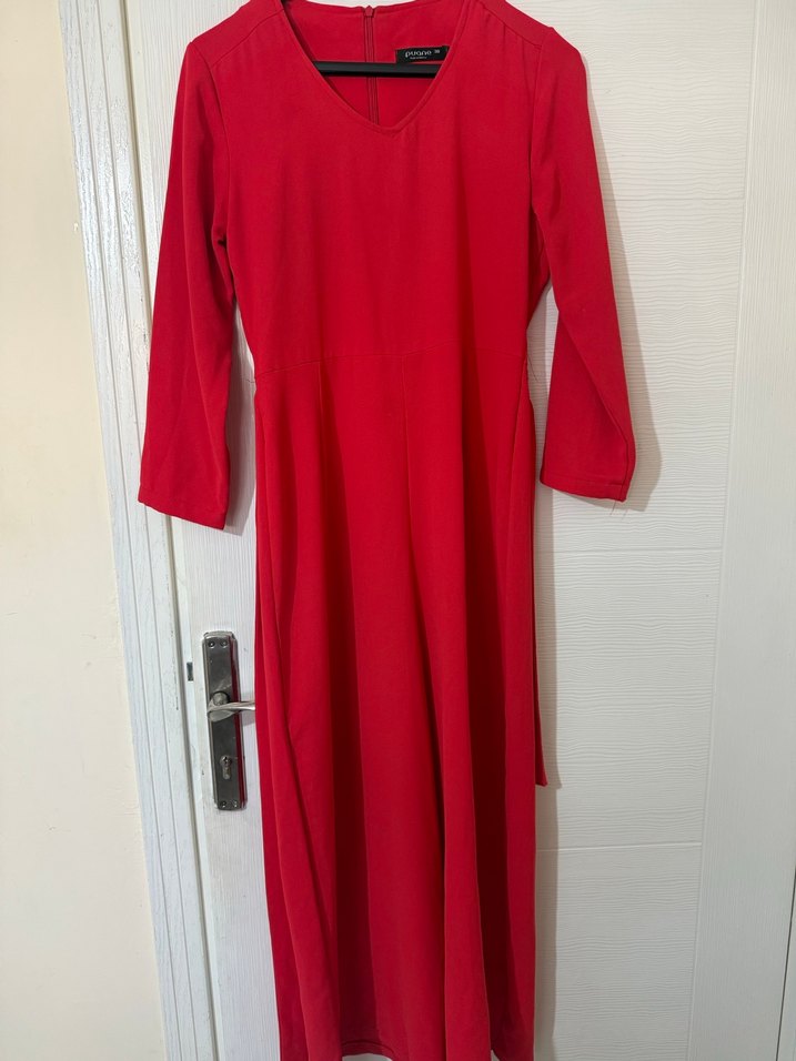 Kırmızı Drapeli Uzun Kollu Uzun Tulum Elbise - Görsel 3