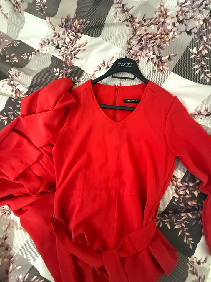 Kırmızı Drapeli Uzun Kollu Uzun Tulum Elbise - Görsel 4