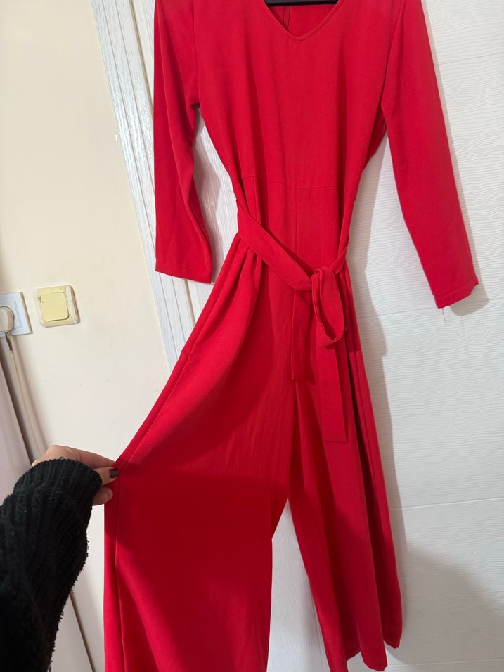 Kırmızı Drapeli Uzun Kollu Uzun Tulum Elbise - Görsel 2