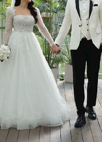 Uzun Kollu Straplez A Kesim Beyaz Gelinlik - Görsel 5