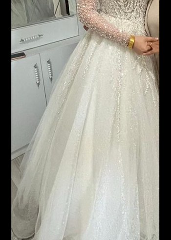 Uzun Kollu Straplez A Kesim Beyaz Gelinlik - Görsel 2