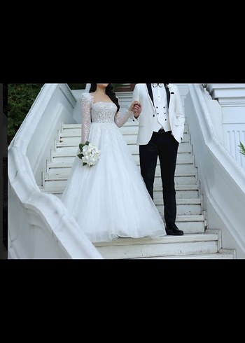 Uzun Kollu Straplez A Kesim Beyaz Gelinlik - Görsel 3