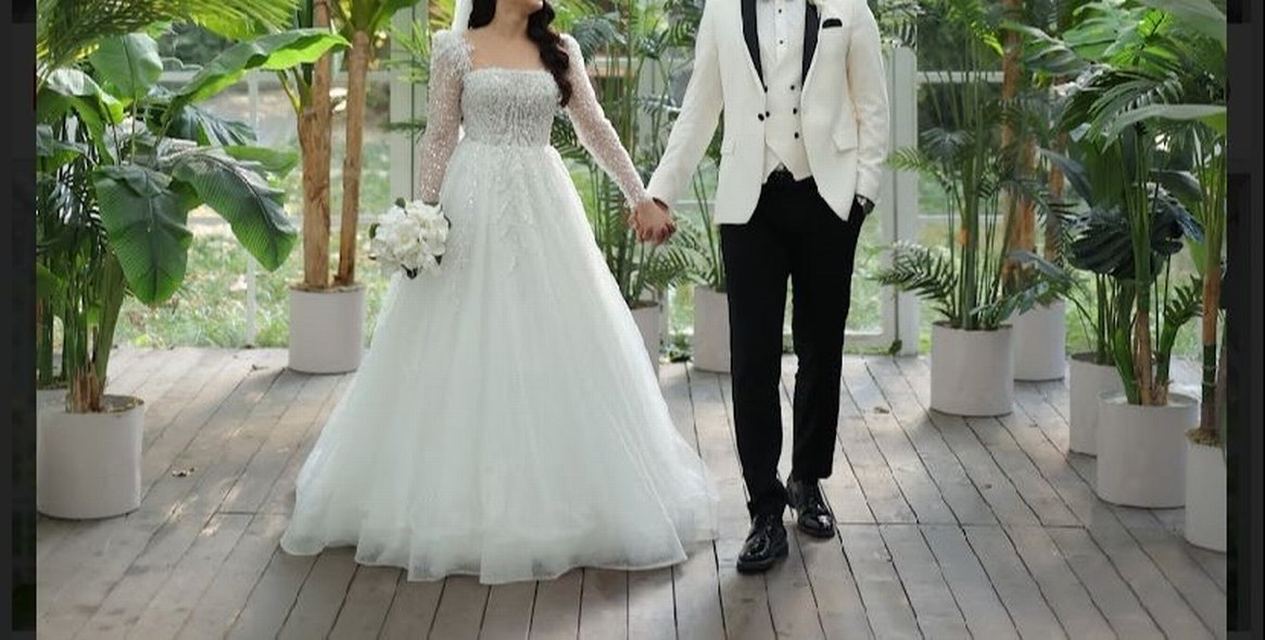 Uzun Kollu Straplez A Kesim Beyaz Gelinlik - Görsel 5