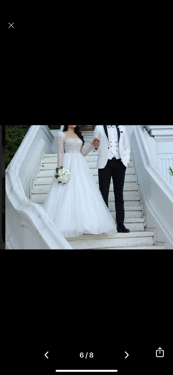 Uzun Kollu Straplez A Kesim Beyaz Gelinlik - Görsel 3