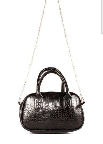 Parlak Siyah Yılan Derisi Desenli Zincir Detaylı Çanta - Görsel 4