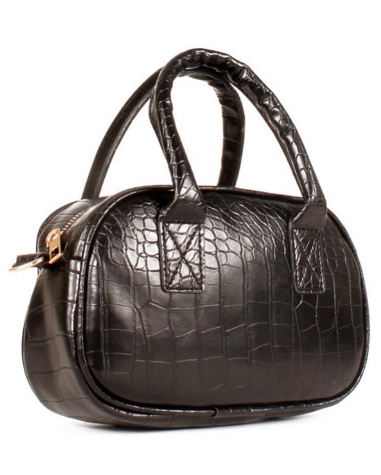 Parlak Siyah Yılan Derisi Desenli Zincir Detaylı Çanta - Görsel 3