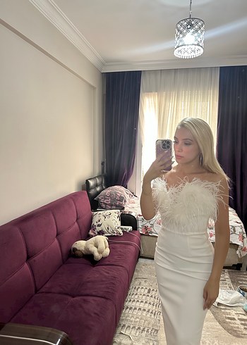 s Beden beyaz Renk Beyaz Straplez Kokteyl Elbisesi