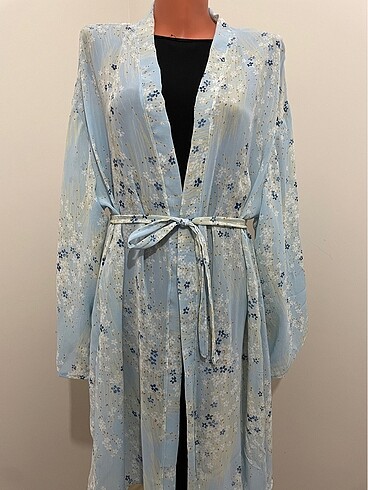 Mavi çiçekli kimono pareo kaftan abaya oversize kesim