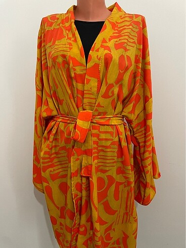 Oversize turuncu sarı viskon kimono pareo kaftan abaya
