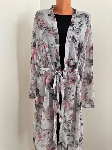 Uzun çiçek desenli şifon kimona kimono pareo kaftan plaj elbises