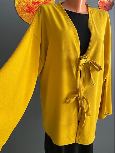 diğer Beden Hardal rengi bağcıklı pinterest kimono bağlama detaylı fiyonklu