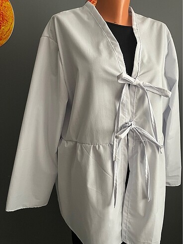 Büzgülü bağcıklı mavi gri kimono poplin