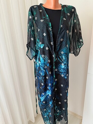 Pareo plajlık kimono kaftan plaj elbisesi siyah mavi çiçek desen - Görsel 2