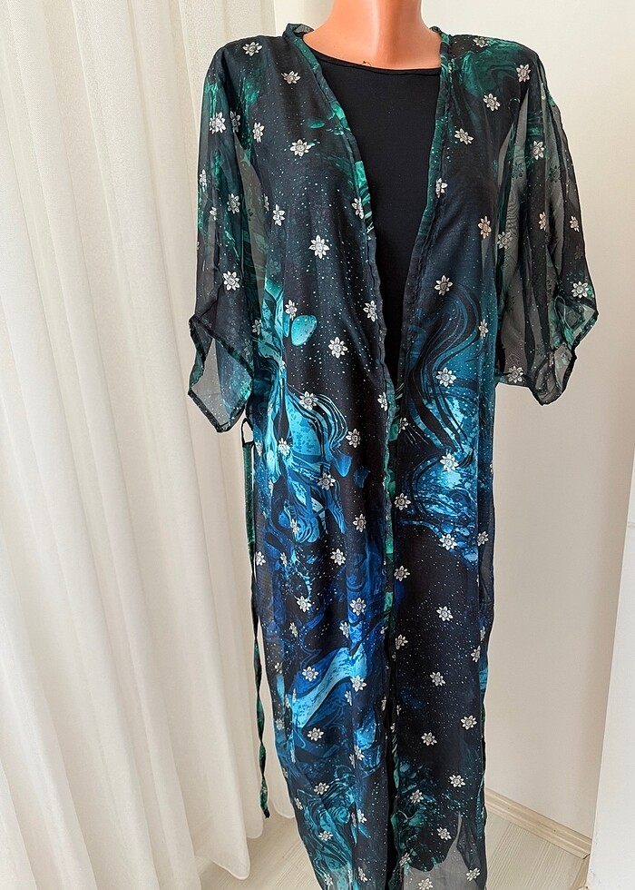 Pareo plajlık kimono kaftan plaj elbisesi siyah mavi çiçek desen - Görsel 2