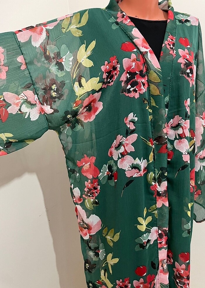 Şifon yeşil çiçek desenli kimono pareo kaftan plaj elbisesi abay - Görsel 2