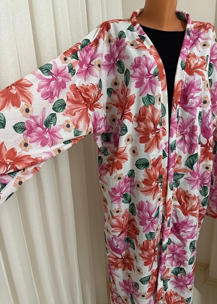 Kimono pareo kaftan abaya sabahlık kimona pembe çiçekli çiçek de - Görsel 3