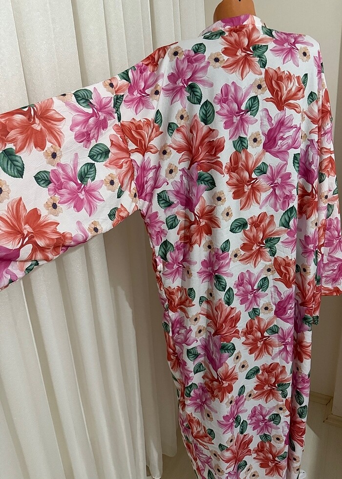 Kimono pareo kaftan abaya sabahlık kimona pembe çiçekli çiçek de - Görsel 4