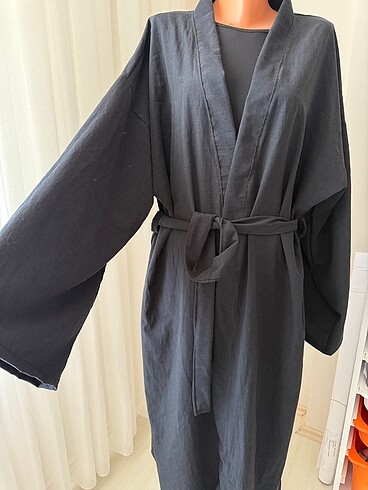 Uzun siyah keten kimono pareo kaftan abaya sabahlık manuka kimon