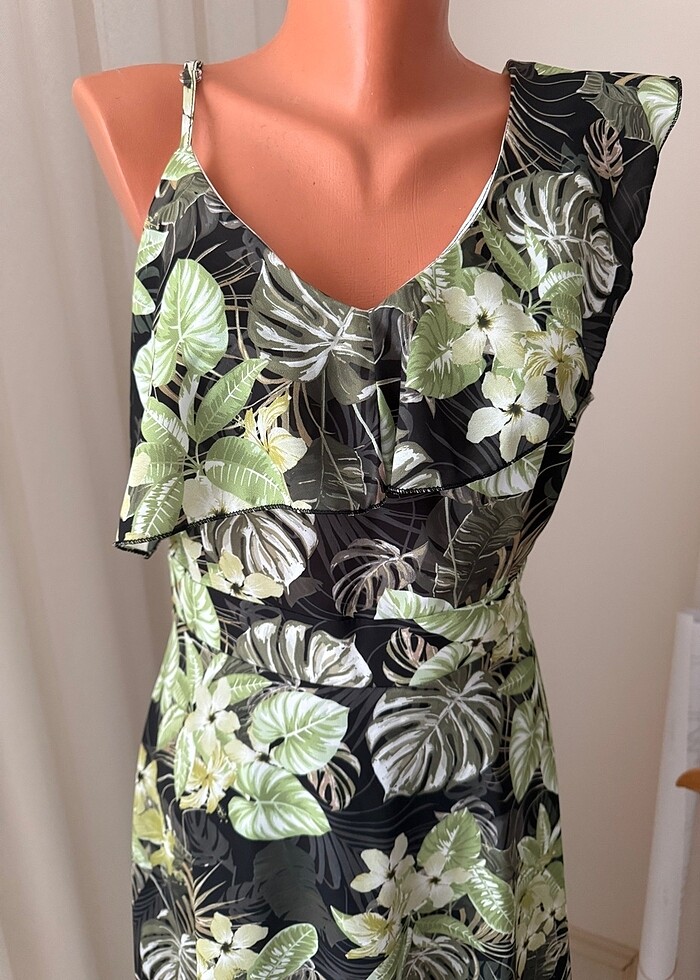 Sateen midi boy kloş etek gece elbisesi yakası volanlı yeşil siy - Görsel 2