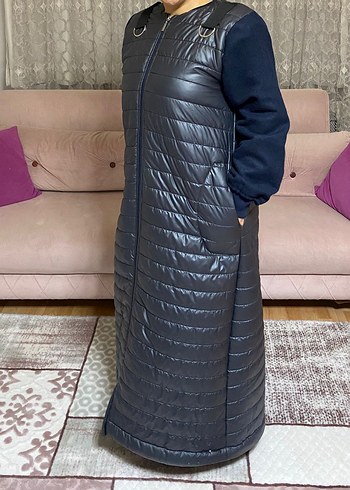 Fermuarlı Uzun Gri Hamile Mont