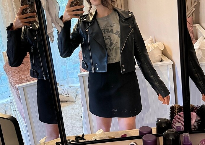 Pull and Bear PULL AND BEAR KIRMIZI ASTARLI BİKER CEKET CROP