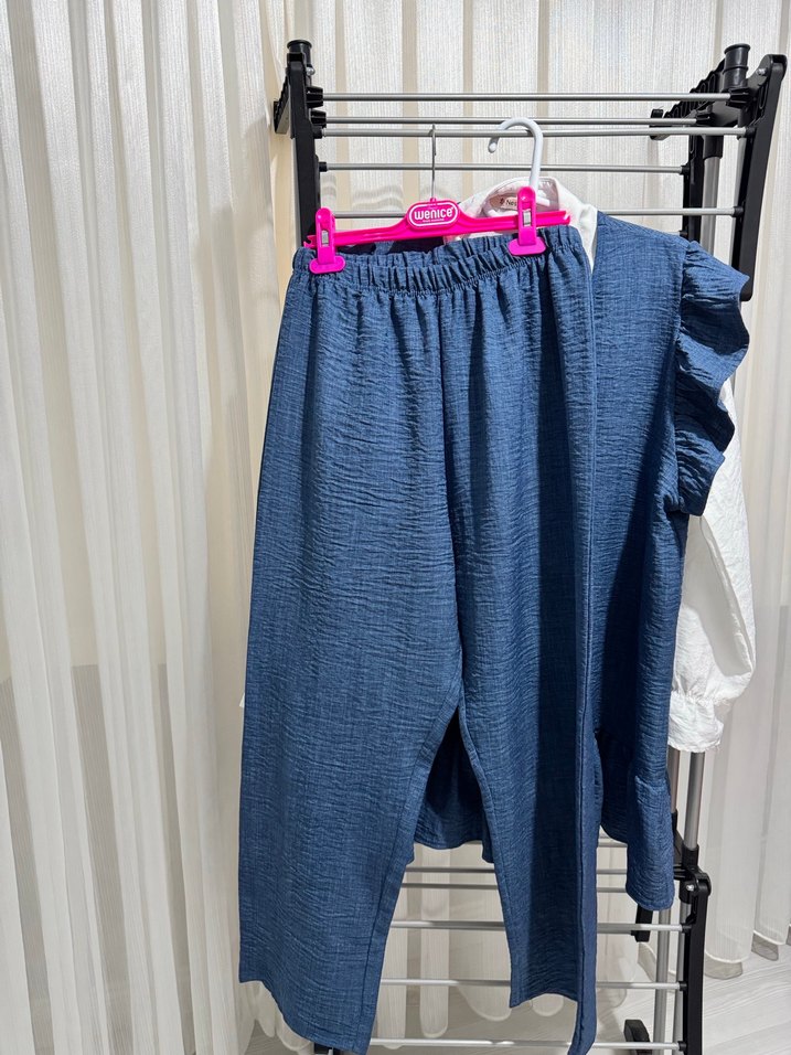 Mavi V Yaka Fırfırlı Keten 3lü Takım - Görsel 2